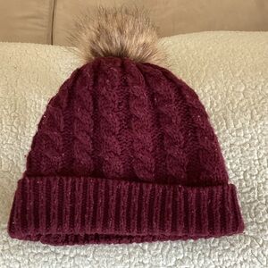 Burgundy Knit Beanie with Faux Fur Pom